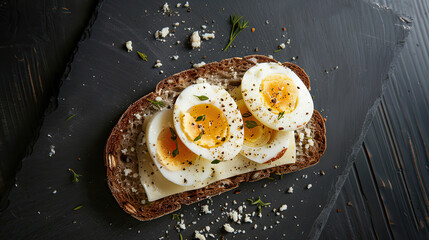 Wall Mural - piece of rye bread with cheese and boiled eggs grill marks on its white on a sleek black stone