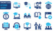 Online education icon set. Containing video tuition, e-learning, online course, audio course and so on. Vector flat icons set.