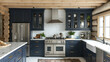 Navy blue  Kitchen cabinets - stainless steel appliances - marble countertop and floors - meticulous symmetry - perfectly centered composition - wood ceiling 