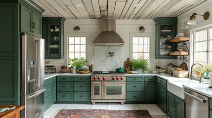 Wall Mural - Hunter green Kitchen cabinets - stainless steel appliances - marble countertop and floors - meticulous symmetry - perfectly centered composition - wood ceiling 