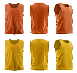 2 Set of men yellow orange mustard, back and side view sleeveless tee t shirt tank singlet vest round neck on transparent background cutout PNG file. Mockup template for artwork design