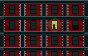 Apartment building with many windows and red brick, one window with yellow light and a man standing. 2D Pixel Art building background. Design for wallpaper, background, mobile app, computer game.  