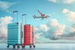 Suitcases and travel bags are placed on the runway of the airport. A passenger plane is flying overhead. Travel planning and journey concept.