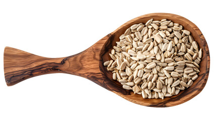 Sunflower seeds in wooden spoon isolated on white, top view