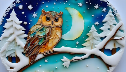 Wall Mural - A painting of an owl in shades of blue and white, with a glossy finish