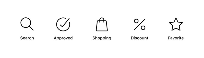 Fototapete - Shopping bag icon. Discount, percent icon. Check mark, tick box icon. Favorite star icon. Magnifying glass, search icon - Web icons set
