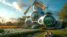 A Futuristic Dutch Windmill House With Tulip-shaped Smart Windows, Interactive Wooden Clogs, And Holographic Fields Of Blooming Flowers.