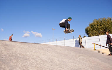 Sticker - Skateboard, energy and man with ramp, training and people with competition and challenge with performance. Adventure, jump or skater with practice for technique and cardio with balance or sunshine