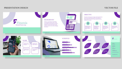 Finance App Presentation vector design with purple and green color