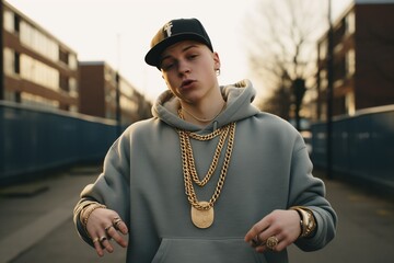 Sticker - Caucasian white rapper wearing gold chains on a street