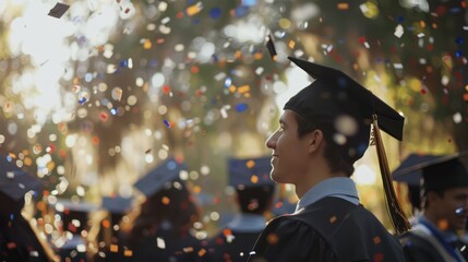 Canvas Print - Graduation celebration at the university. Graduation caps thrown into the air