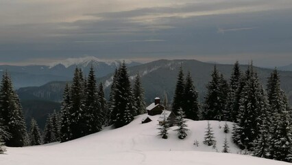 Wall Mural - Carpathians in winter, high in the mountains in Ukraine, snow is falling, a lonely Orthodox temple of Hutsul shepherds, among wild forests and high mountain pastures