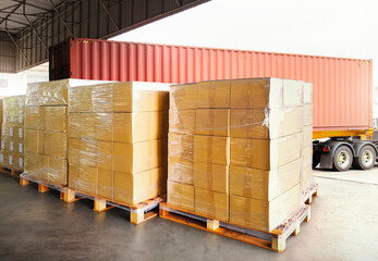 Wall Mural - Package Boxes Wrapped Plastic Stacked on Pallets. Trucks Loading at Warehouse Dock. Cargo Container, Distribution Warehouse Shipping, Supply Chain Supplies, Shipment. Freight Truck Logistic Transport.