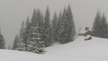 Wall Mural - Carpathians in winter, high in the mountains in Ukraine, snow is falling, a lonely Orthodox temple of Hutsul shepherds, among wild forests and high mountain pastures