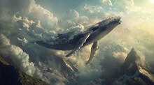 Whale-shaped Cloud Formation In A Mountainous Sky. A Majestic Digital Art Piece Depicting A Whale-shaped Cloud Floating Above Rugged Mountains, Creating A Surreal Atmosphere