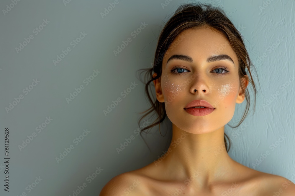 Serene Young Woman with Bare Shoulders Posing by a Light Blue Wall ...