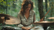 Woman playing drums in the forest, generative Ai