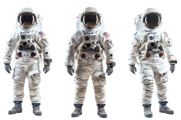 Poster - 
Astronauts in spacesuits set in different poses isolated on transparent and white background Real daytime first person perspective