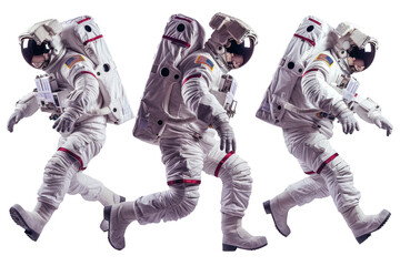 Poster - 
Astronauts in spacesuits set in different poses isolated on transparent and white background Real daytime first person perspective