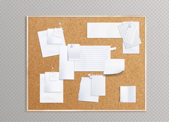 Poster - Cork board with white note papers attached with adhesive tape and pins. Realistic vector brown office corkboard with notepad pages and stickers for memory writings. Mockup for announcement notice.