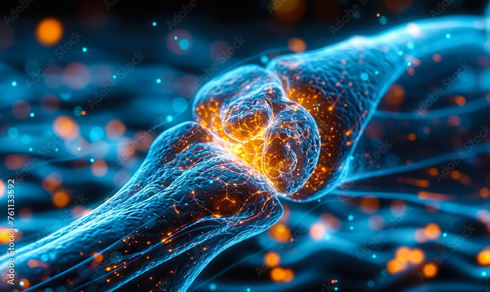 Medical visualization of a human knee joint glowing with heat to ...