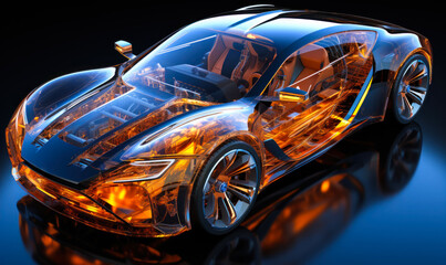 Poster - transparent high-tech automobile design showcasing internal mechanics and technology systems, repres