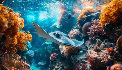 A blue stingray is swimming in a coral reef