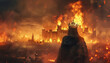 A man in a crown stands in front of a burning castle