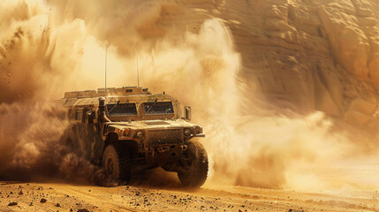 A rugged military vehicle maneuvers through dusty desert terrain.