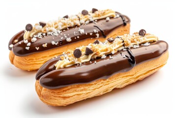 Wall Mural - delicious french chocolate eclairs on a plain white background