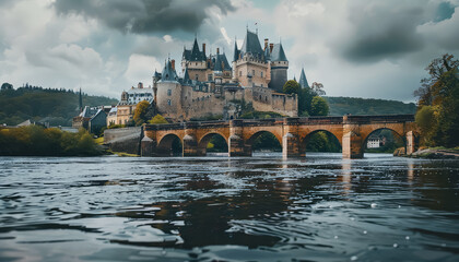 Wall Mural - A bridge spans a river in front of a city with a castle in the background