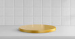 © klyaksun - Kitchen or bathroom tile background and gold podium. 3d white shelf or table scene for product display on ceramic texture. Golden cylinder platform in toilet room interior or realistic countertop.