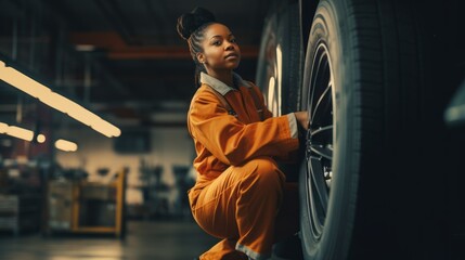 Aufkleber - A confident young female mechanic, an African-American woman in uniform clothes Repairs, Changes the tire of a Car in an auto repair shop. Business, Car service concepts.