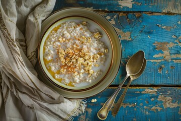 a healthy breakfast of overnight oats with milk in ceramic bowl - top view
