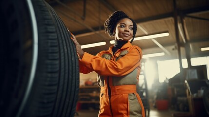 Aufkleber - A beautiful young Confident Female mechanic, an African-American woman in an orange uniform Repairs, Changes a Car tire, Works in an auto repair shop. Business, Car service concepts.
