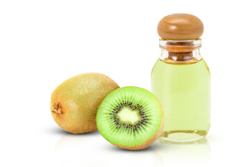 Poster - Kiwi oil in glass bottle and kiwi fruit isolated on white background.