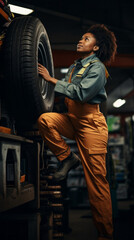 Wall Mural - A confident Female mechanic, A Black woman in a uniform Repairs, Changes a Car tire, Works in an auto repair shop. Business, Car service concepts.