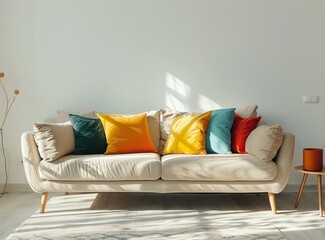 Wall Mural - Sofa with colorful pillows in a modern living room and furniture