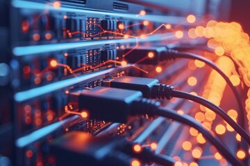 Aufkleber - Close-up of a Computer Server With Numerous Wires, A secure network being protected by a firewall, AI Generated
