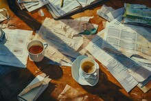 A table covered with numerous papers and a cup of tea positioned amongst the clutter, A serene art piece showcasing an accountant's break time with a coffee cup and scattered papers, AI Generated