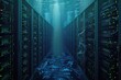 The photo showcases a sprawling room filled with numerous computers, A server room deep underwater, reflecting the concept of liquid cooling, AI Generated