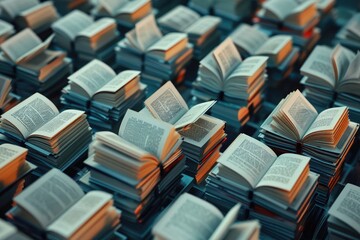 Poster - A substantial collection of books neatly arranged on a table, creating a stack with varying sizes and colors, A series of books with each page representing a block in blockchain, AI Generated