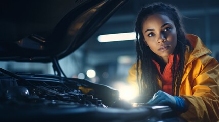 Aufkleber - A mechanic is an African-American woman in a uniform inspecting the hood of a car with a flashlight in an auto repair shop in the evening. Business, Auto Repair, Maintenance, Car Repair concepts.