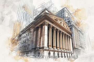 Poster - Detailed Architectural Drawing of a High-rise Building in the City, A sketch of a traditional stock exchange building, AI Generated