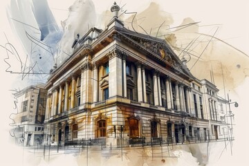 Poster - a detailed hand-drawn illustration showcasing a four-story building characterized by a prominent clo