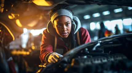 Aufkleber - A young black woman, a professional mechanic in uniform, inspecting and repairing a car and tire at an auto repair shop in the evening. Business, Car service, maintenance concepts.
