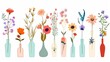 The collection of wild and garden blooming flowers in vases and bottles isolated on white background. Bundle of bouquets. Set of decorative floral design elements. Modern flat cartoon illustration.