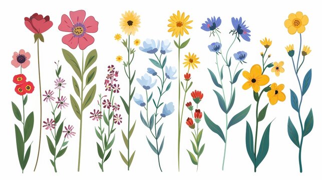Modern illustration of colorful floral icons on a white background. Flowers with a dash style in flat.