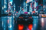 Fototapeta Uliczki - A sleek black sports car speeds down a bustling city street, capturing the excitement of fast-paced urban life, A sports car blending into the rush of a city night, AI Generated