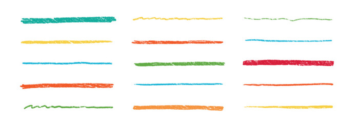 Wall Mural - Crayon line color pencil brush scribble stroke pen underline hand. Crayon line pencil brush color sketch chalk stripe doodle vector drawn border texture element kid paint pastel emphasis squiggle